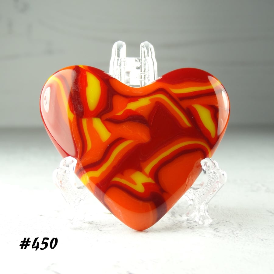 Orange yellow handcrafted fused glass heart, with stand 5x4.5cm (450)