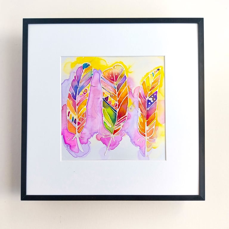 3 Shiny Feathers an original PAINTING on SILK