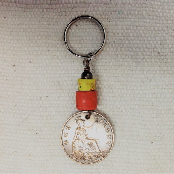 Key ring with 1936 old penny and beads