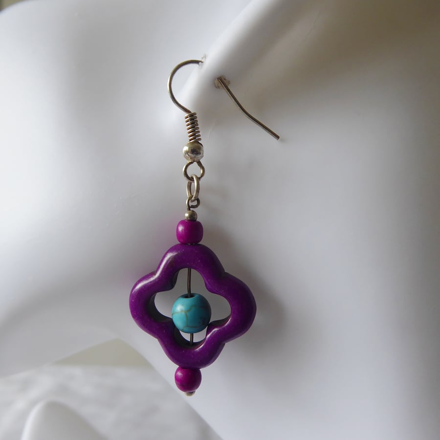 Dyed Turquoise Flower Earrings Purple
