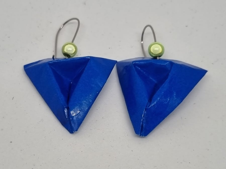 Geometric blue triangle paper earrings 