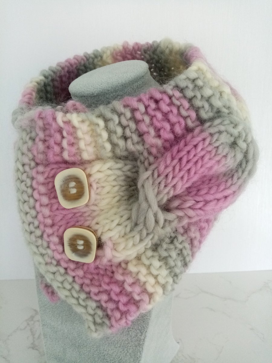 Cable Knit Neck Warmer in Misty Pink, Handmade Scarf, 100% Pure Wool Scarf