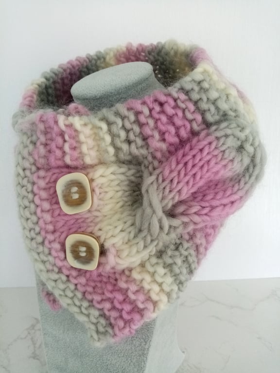 Cable Knit Neck Warmer in Misty Pink, Handmade Scarf, 100% Pure Wool Scarf