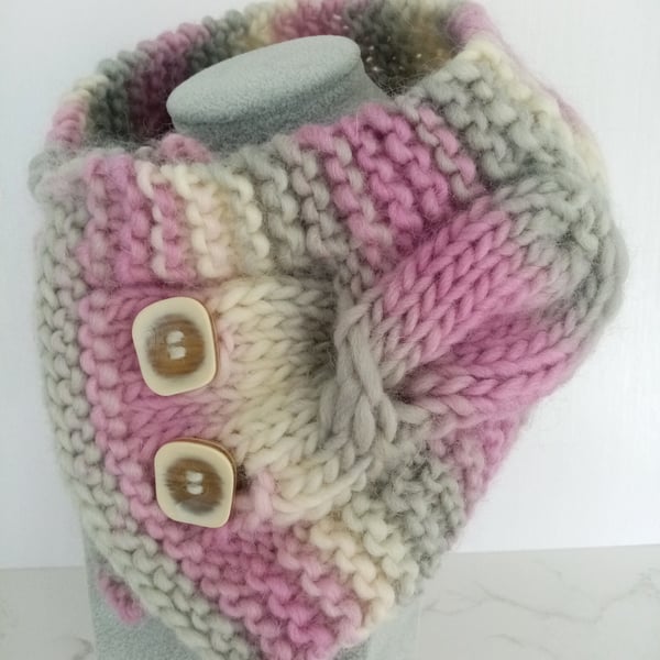 Cable Knit Neck Warmer in Misty Pink, Handmade Scarf, 100% Pure Wool Scarf