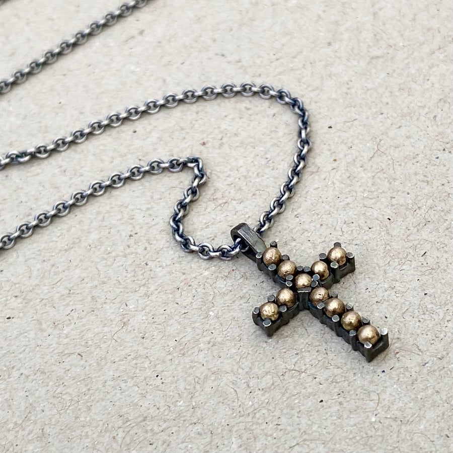 Oxidised sterling silver and 9ct yellow gold cross pendant trace chain necklace