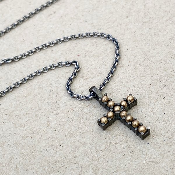 Oxidised sterling silver and 9ct yellow gold cross pendant trace chain necklace