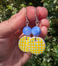 Hand-painted yellow and blue check polymer clay and sterling silver earrings  - Image 7