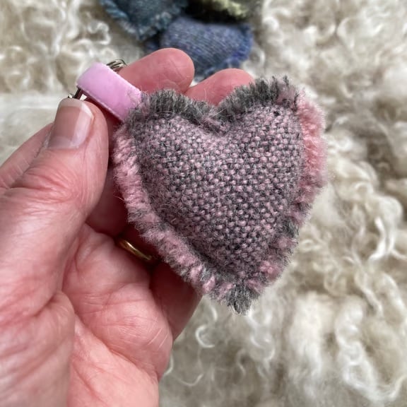 Heart Keyring - Pastel Pink wool. Handwoven in Wales