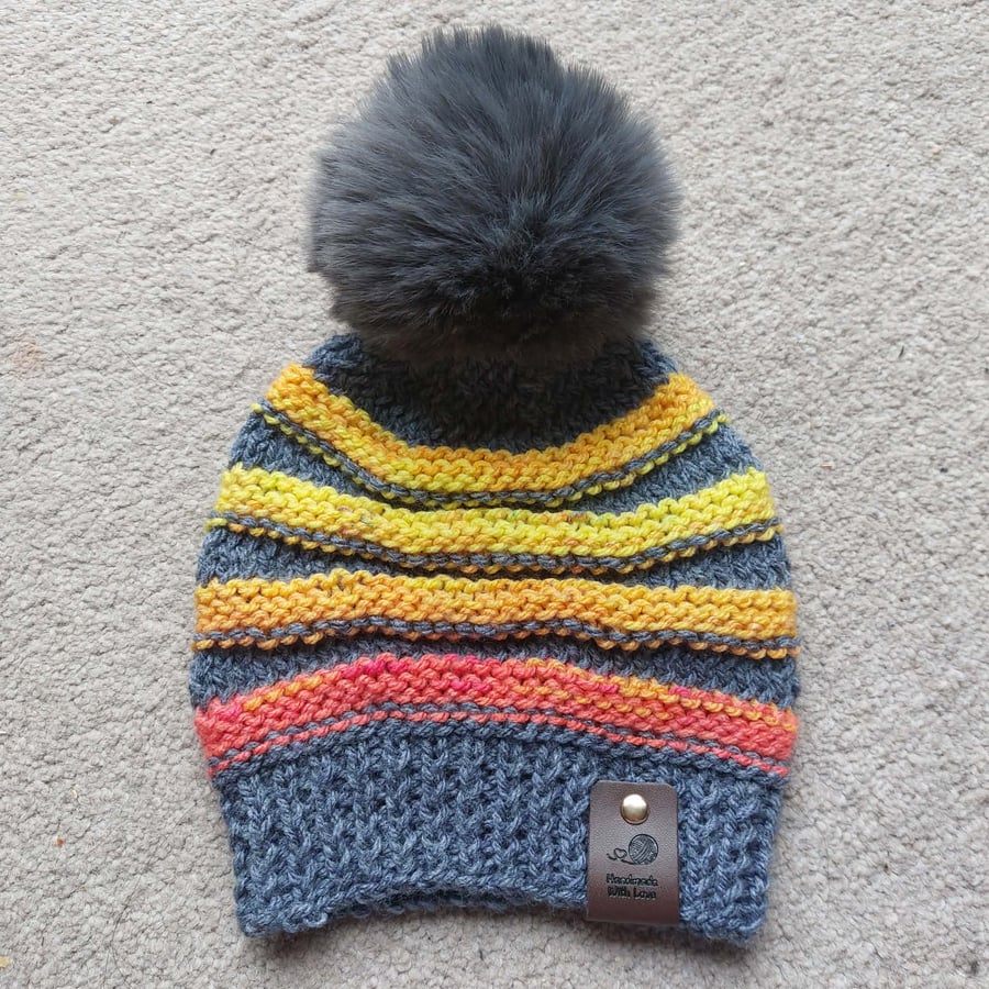 The Neon Puff kids rainbow knitted winter beanie hat