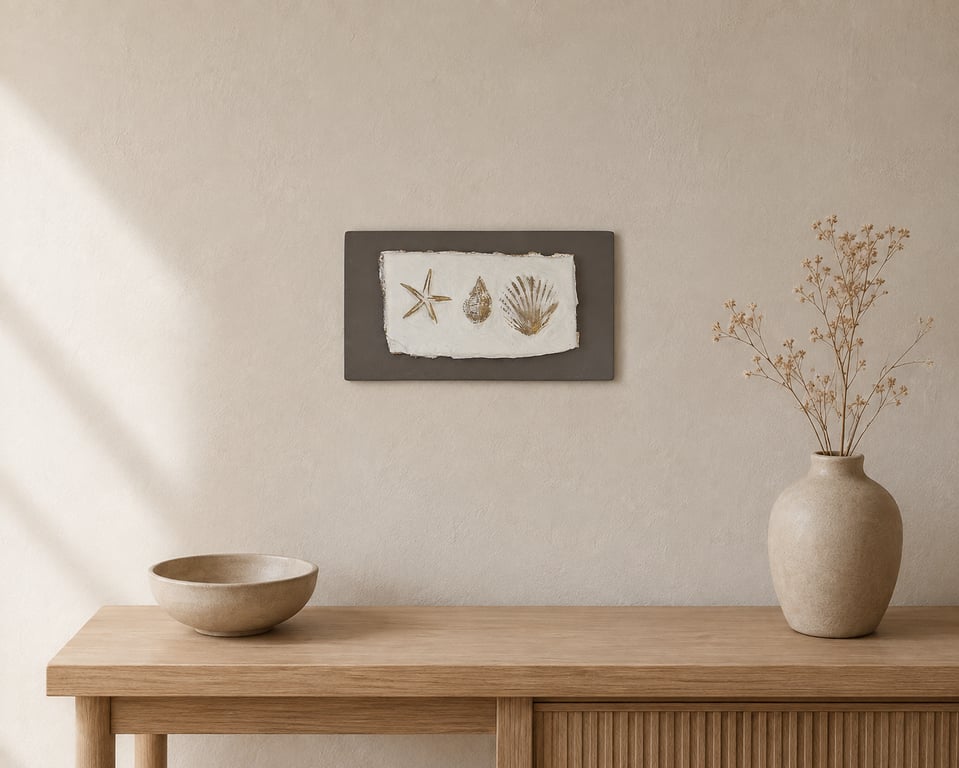 Coastal Plaster Wall Art - Starfish and Seashell Relief with Gold Accents