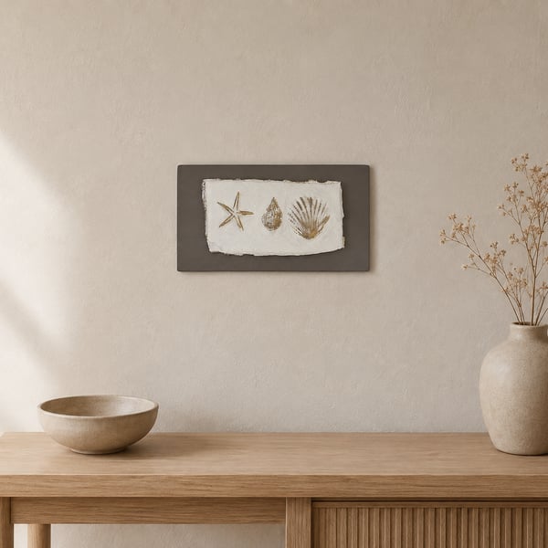 Coastal Plaster Wall Art - Starfish and Seashell Relief with Gold Accents