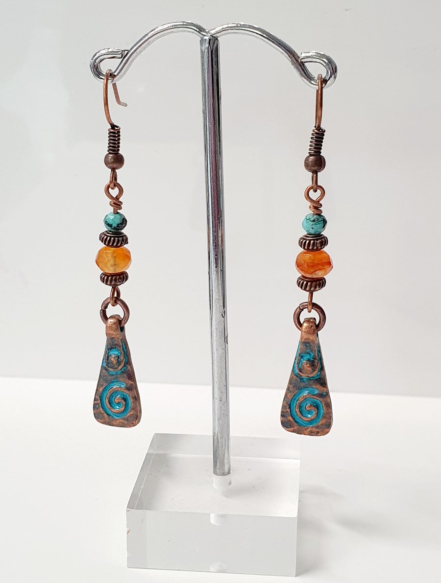 Antique Copper Drop Earrings with Carnelian and Turquoise 