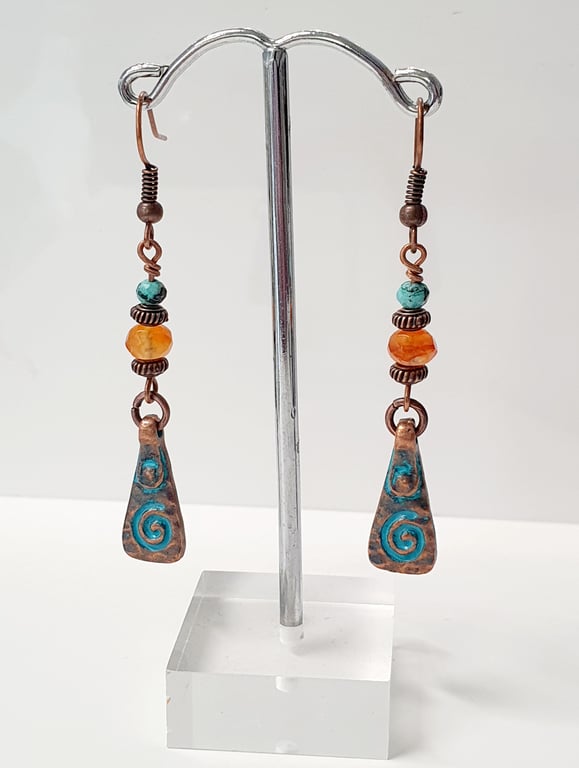 Antique Copper Drop Earrings with Carnelian and Turquoise 