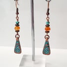 Antique Copper Drop Earrings with Carnelian and Turquoise 