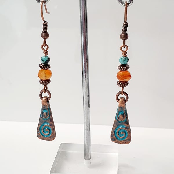 Antique Copper Drop Earrings with Carnelian and Turquoise 
