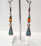 Antique Copper Drop Earrings with Carnelian and Turquoise 
