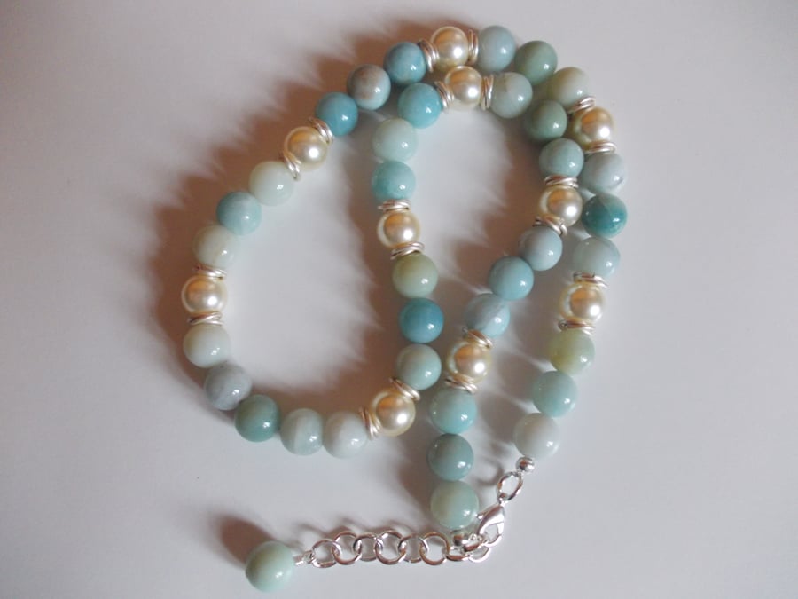 Amazonite and shell pearl statement necklace