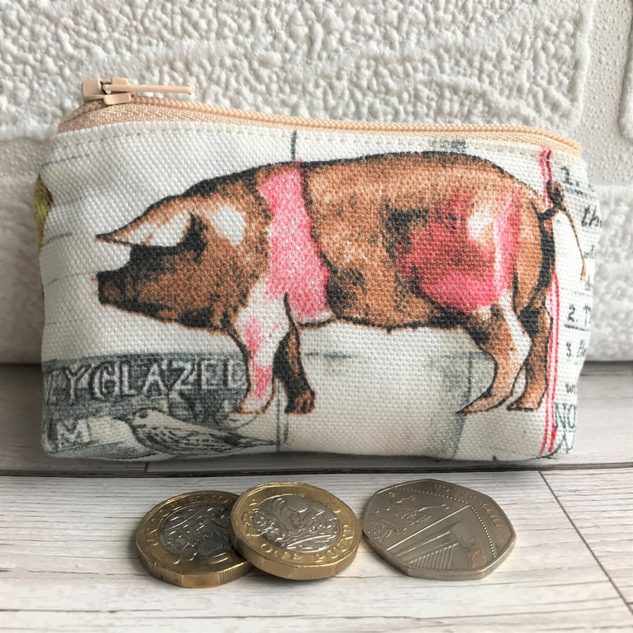 Small purse, coin purse - farmyard print with pink and brown pig