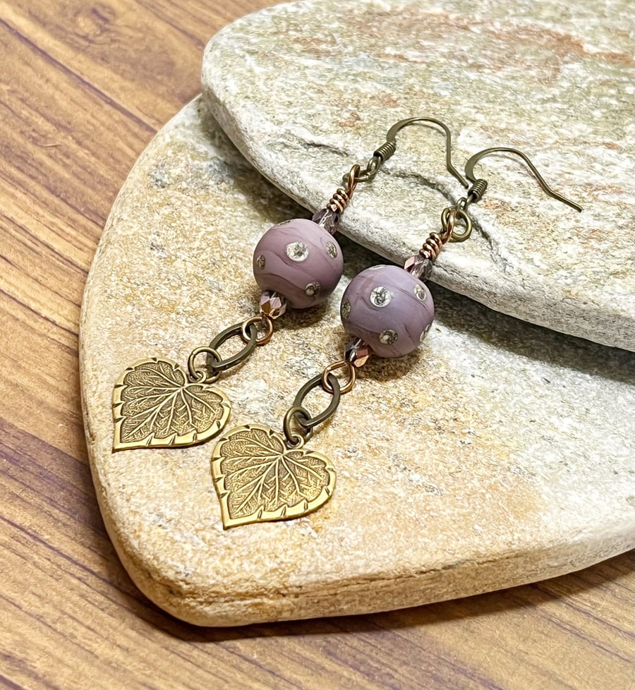 Lilac and bronze lampwork glass bead and leaf earrings