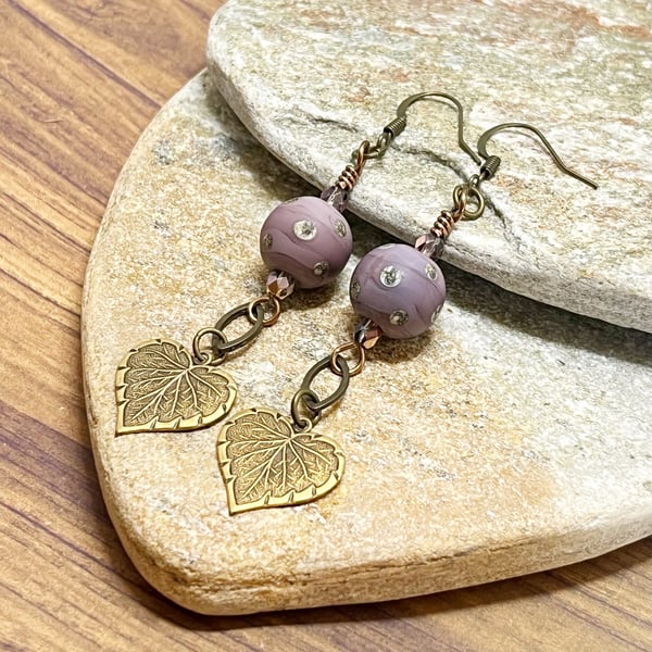 Lilac and bronze lampwork glass bead and leaf earrings