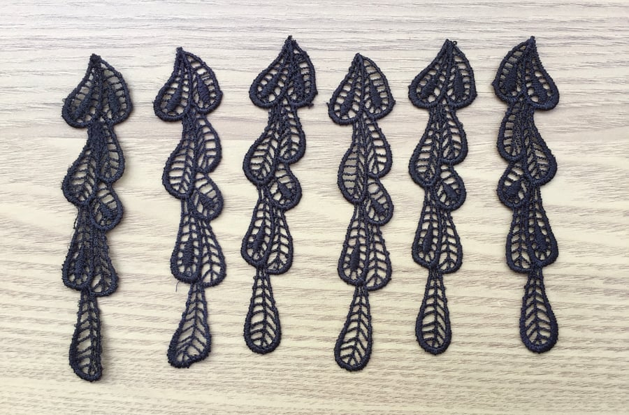 Set of Six Black Lacy Trim Inserts for Crafting Projects or Clothing Design.