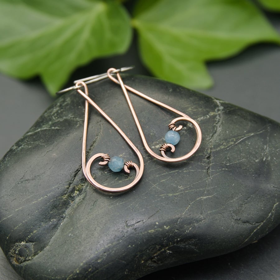 Hammered Copper Teardrop Swirl Earrings with Pale Blue Faceted Jade Beads