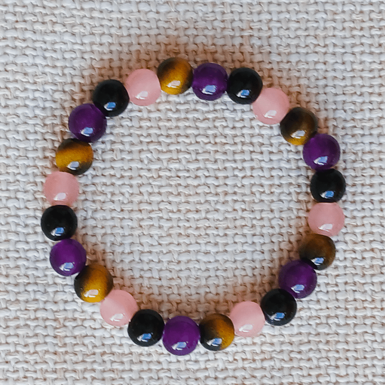 Ladies Amethyst, Tiger's Eye, Rose Quartz, and Black Onyx Elastic Bead Bracelet