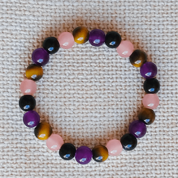 Ladies Amethyst, Tiger's Eye, Rose Quartz, and Black Onyx Elastic Bead Bracelet