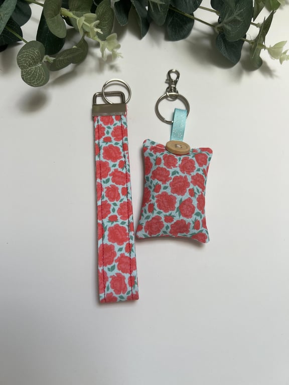 GIFT SET: Lavender Filled Key Ring & Wristlet Fob, Red Rose Floral