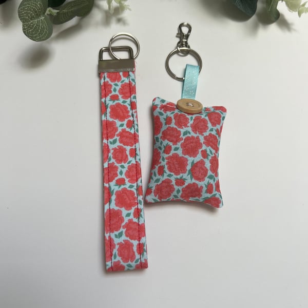 GIFT SET: Lavender Filled Key Ring & Wristlet Fob, Red Rose Floral