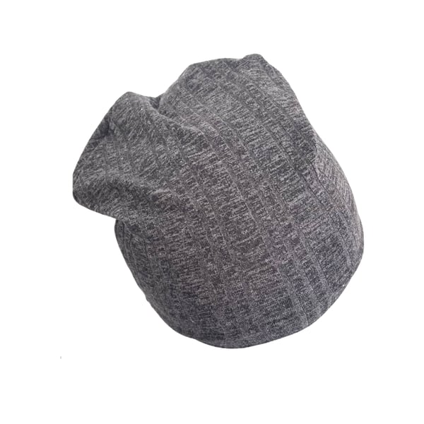 Elastic Charcoal Grey Knit Jersey Beanie Hat, Lightweight Slouchy Adult Beanie