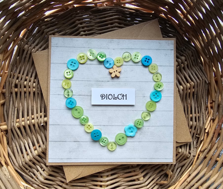 Green and Turquoise Welsh Button Heart Thank You Card  "Diolch" Size 5" x 5" 