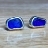 Handmade Welsh Dark Cobalt Blue Sea Glass & Silver Medium Size Stud Earrings
