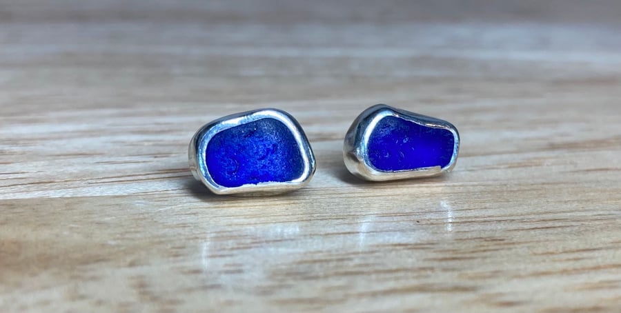 Handmade Welsh Dark Cobalt Blue Sea Glass & Silver Medium Size Stud Earrings