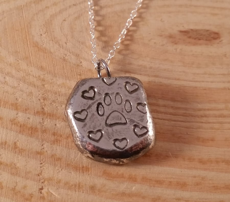 Sterling Silver Stamped Paw Print Necklace