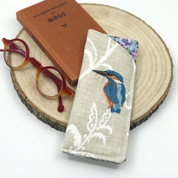 Soft glasses case with hand embroidered kingfisher