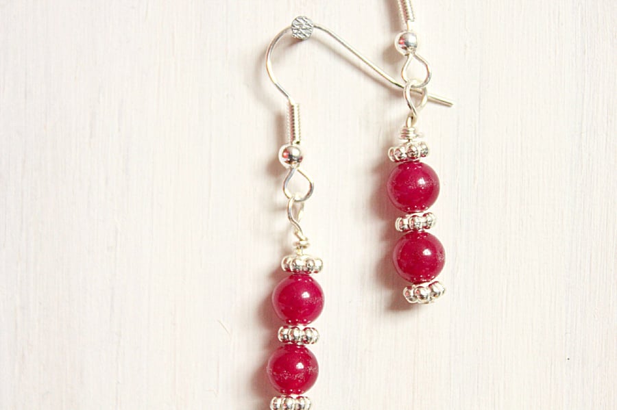 Red Malaysian jade and silver dangle earrings with daisy spacers