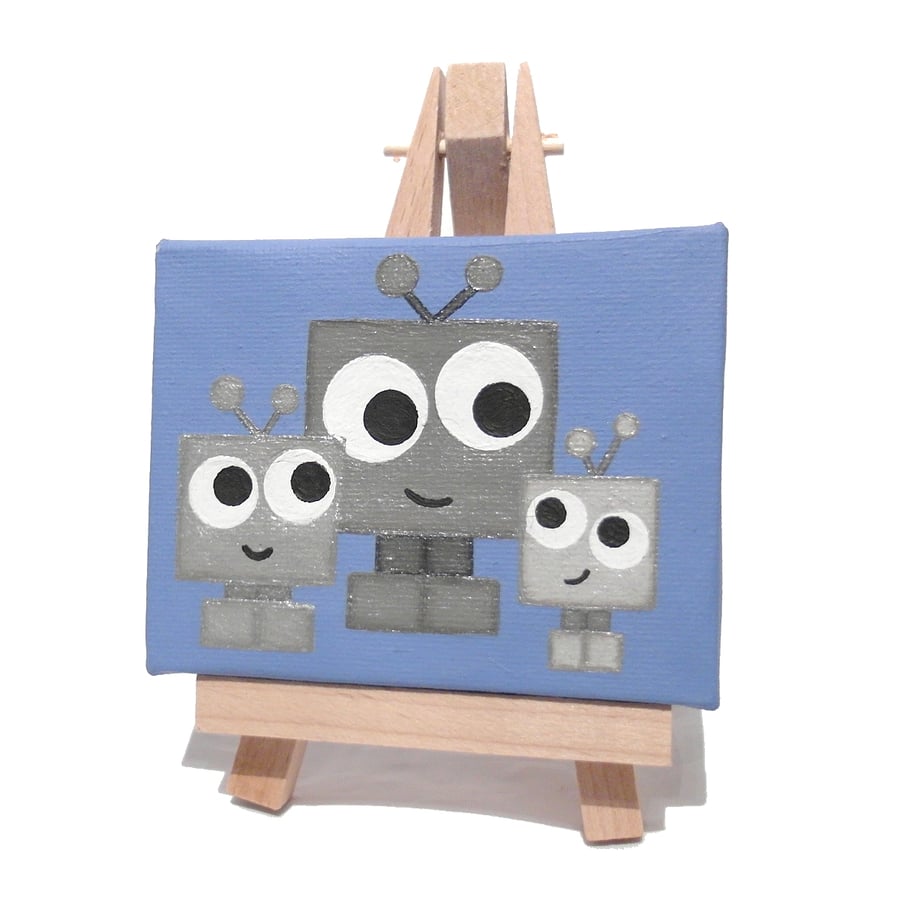 Robot Family Mini Art - small original acrylic painting, gift for geeks