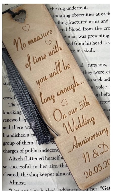 5th wedding anniversary gift, personalised engraved wooden bookmark