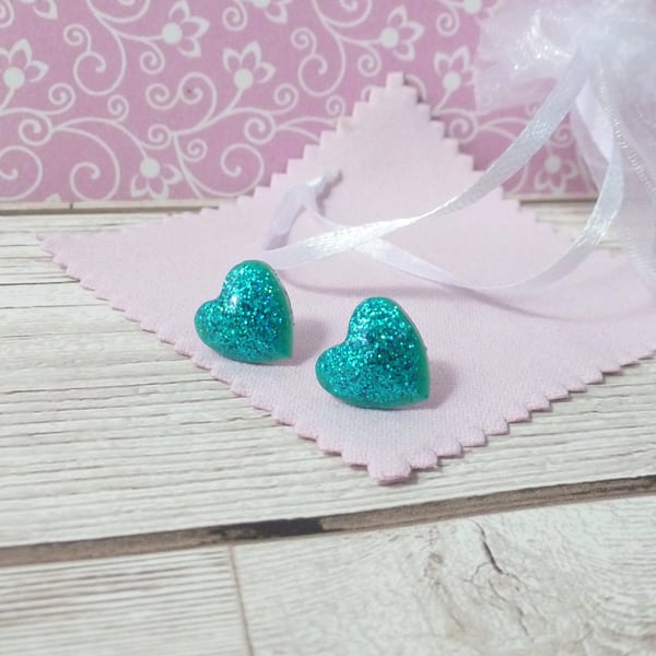 Turquoise sparkly heart studs, bright glitter resin earrings for women