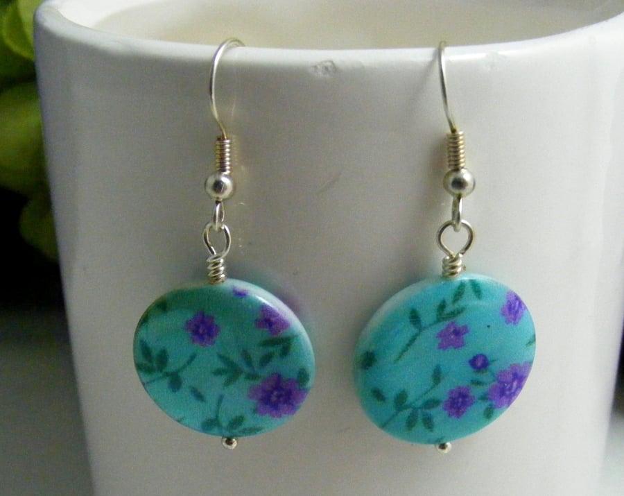 Mother of Pearl Turquoise and Purple Flower Earrings