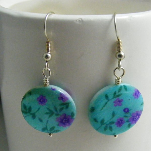 Mother of Pearl Turquoise and Purple Flower Earrings