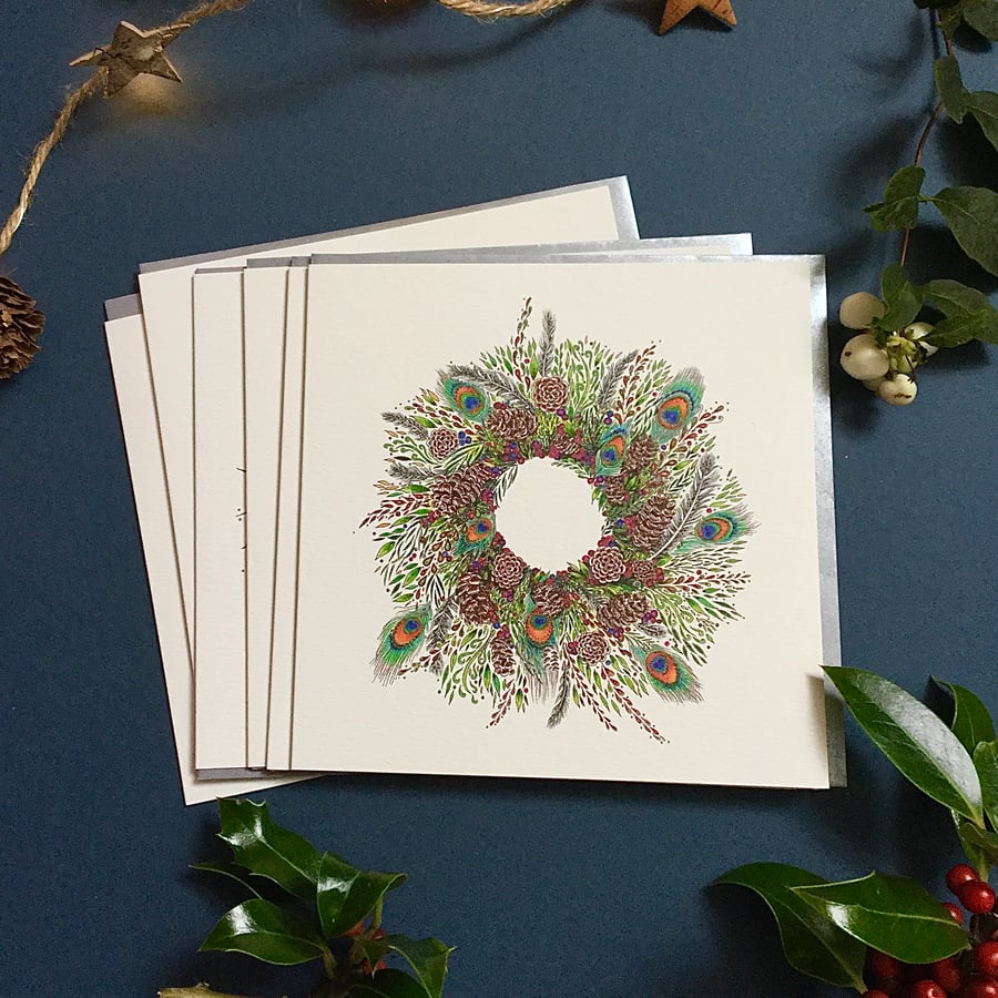 Christmas Peacock feather wreath cards x 6 pack 