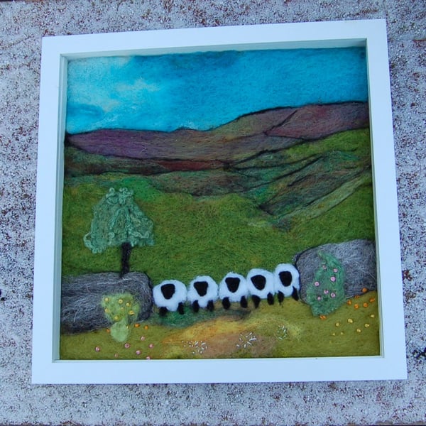Five sheep stonewall wool painting.  Needlefelt picture with hand embroidery