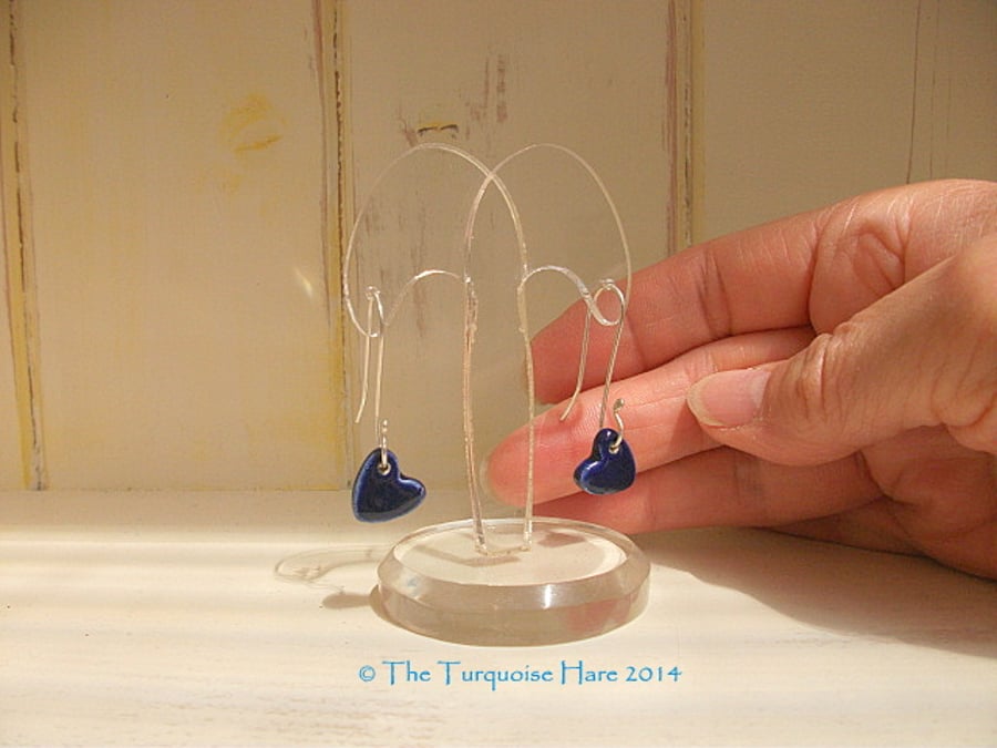 Ceramic cobalt blue hearts on sterling silver wire earrings