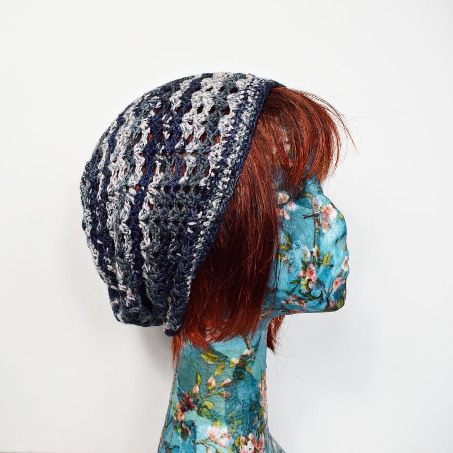 Lightweight Crochet Beanie Hat in Black, Grey and Blue Bamboo Yarn