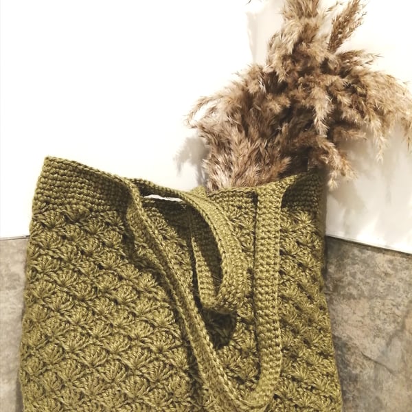 Hand Crocheted Jute Tote Bag - Olive Green