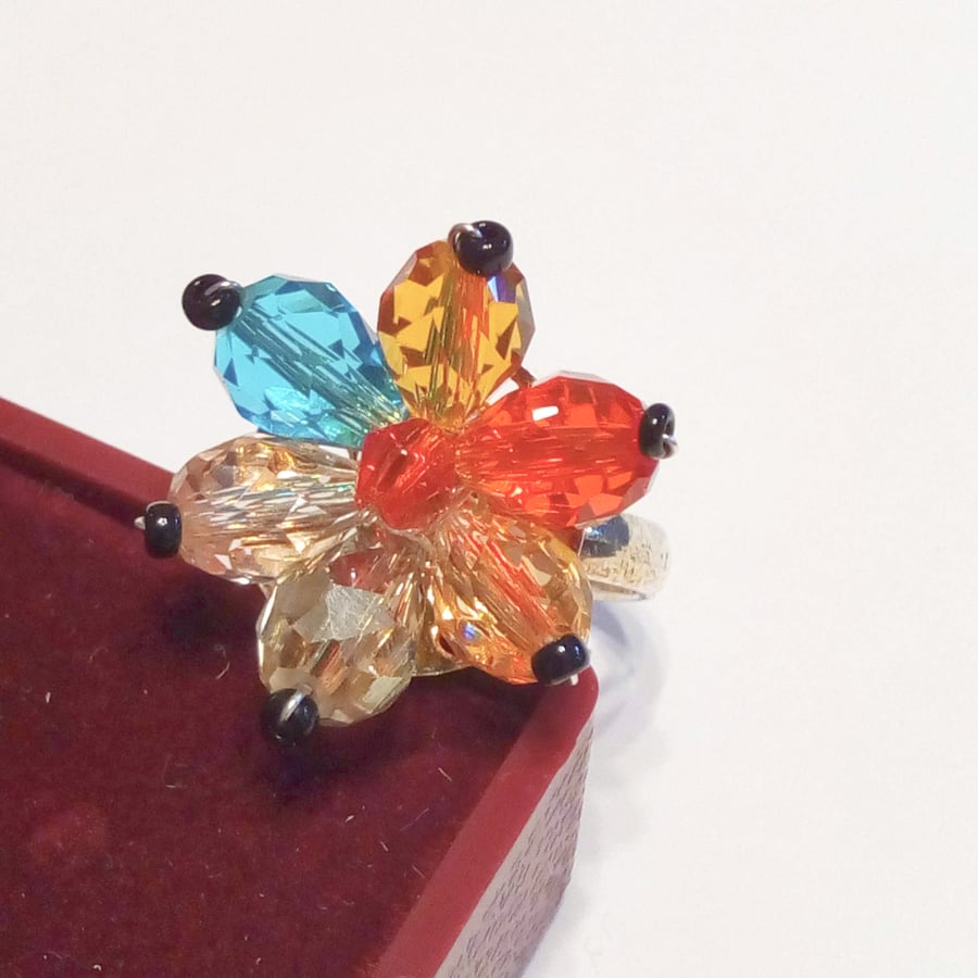 Ladies Adjustable Ring With Yellow Blue Red Smoky Quartz Pink and Topaz Crystals
