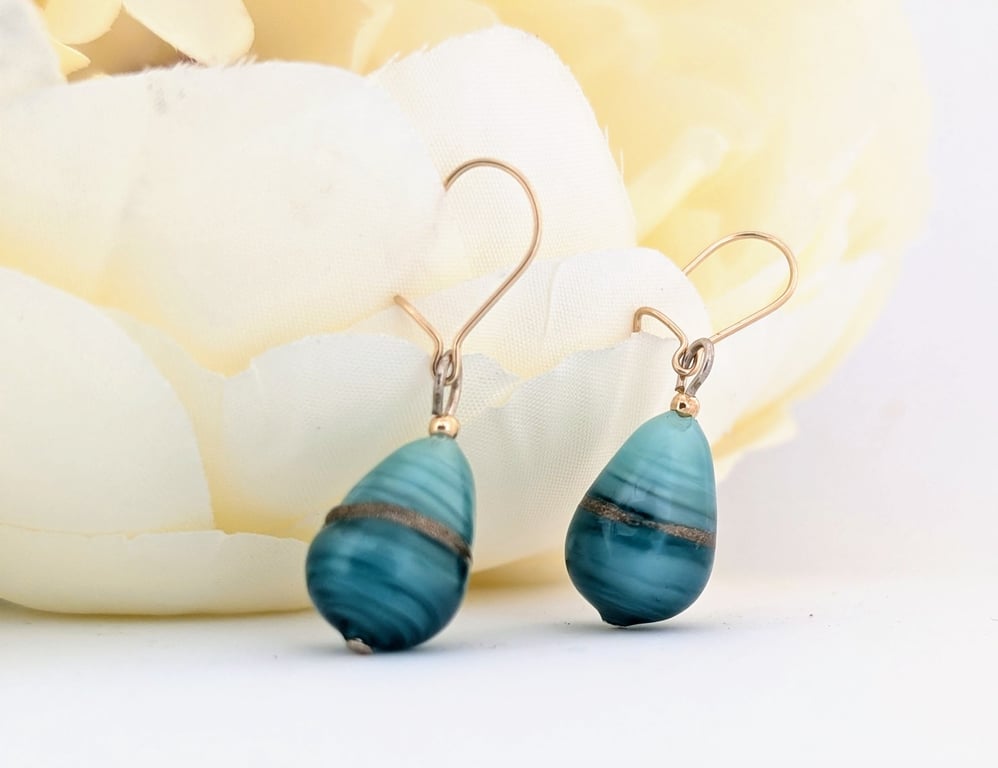 Mint Aquamarine Aventurine Murano Glass Earrings: Gold Filled Beads and Earwires