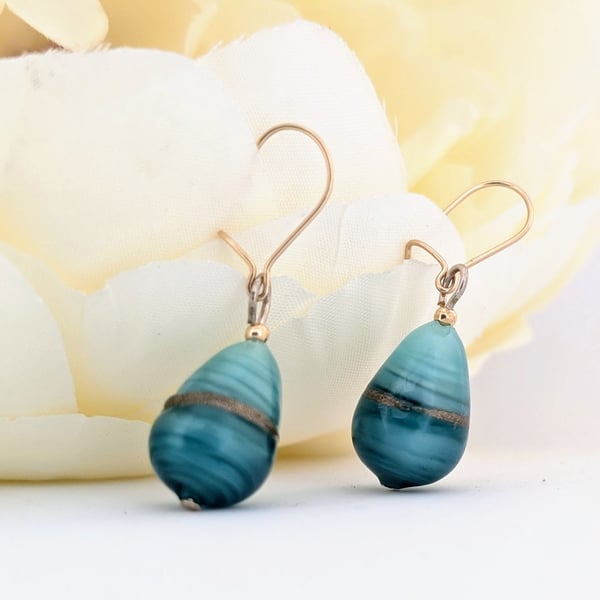 Mint Aquamarine Aventurine Murano Glass Earrings: Gold Filled Beads and Earwires